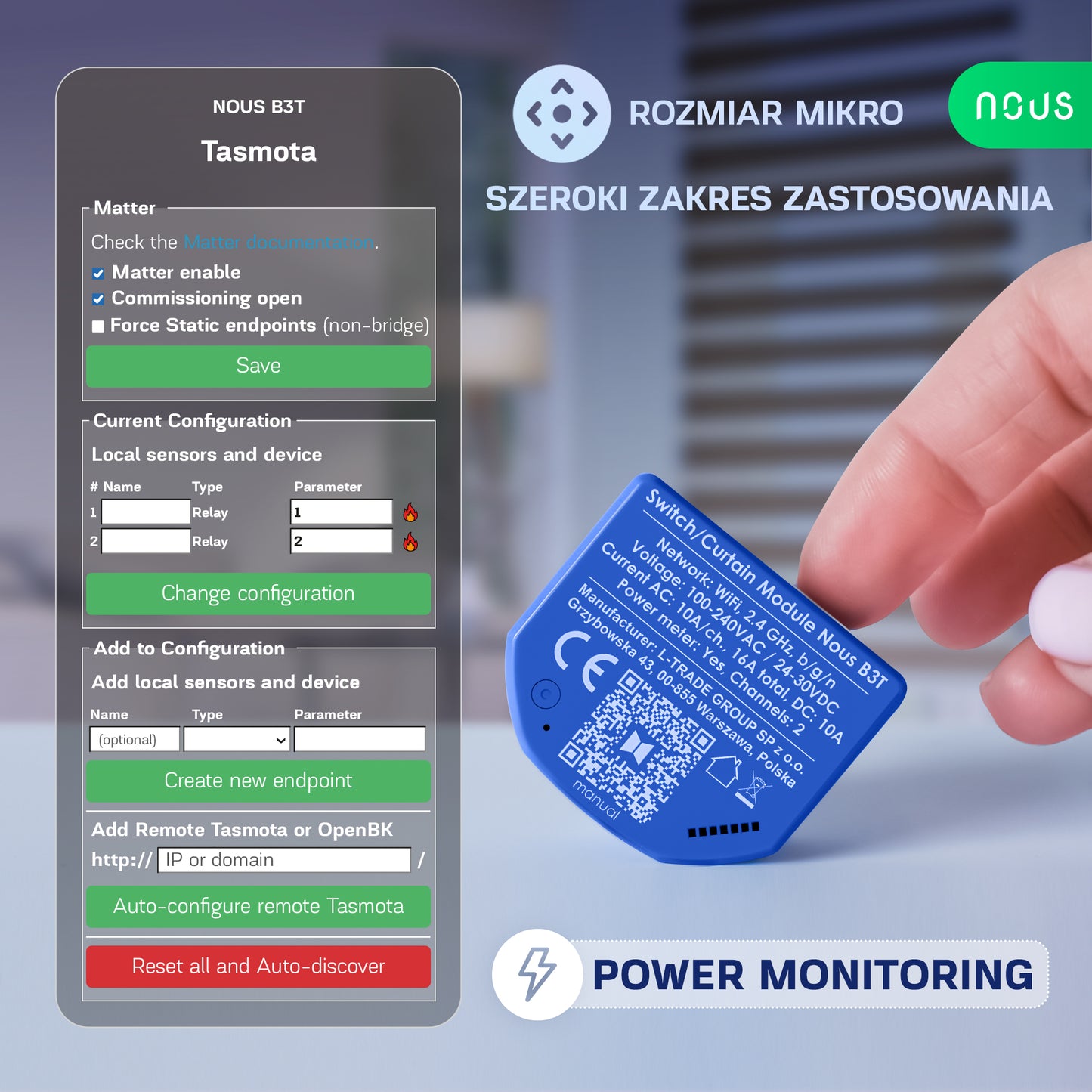 B3T NOUS 2-kan. kurtynowy włącznik/przekaźnik dopuszkowy z PM Tasmota