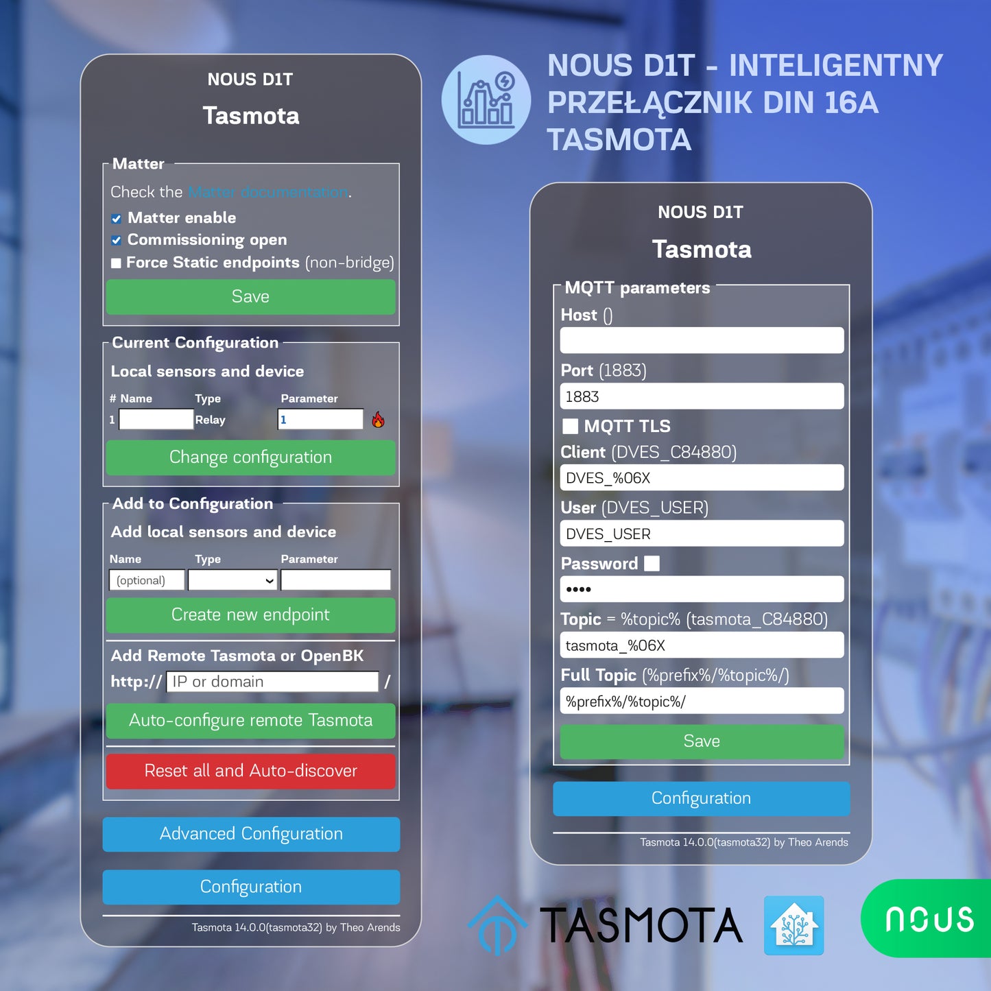 NOUS D1T - Inteligentny przełącznik na Szynę DIN 16A z Tasmota (ESP32)