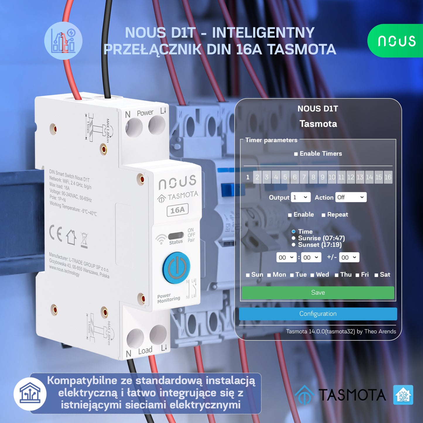 NOUS D1T - Inteligentny przełącznik na Szynę DIN 16A z Tasmota (ESP32)
