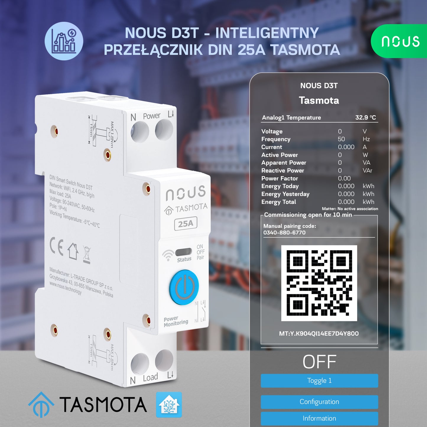 NOUS D3T - Inteligentny przełącznik na Szynę DIN 25A z Tasmota (ESP32)