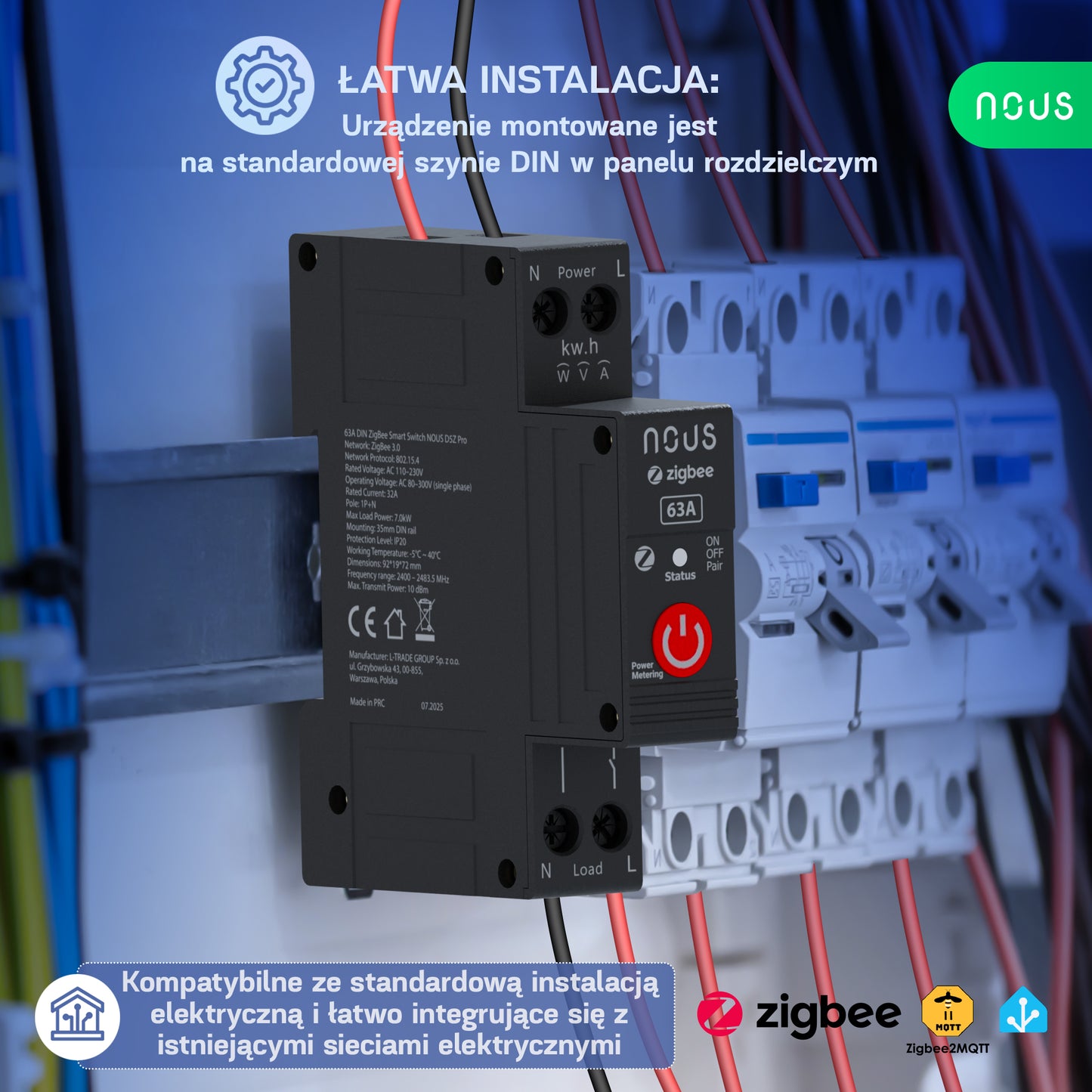 Nous D5Z Pro - Zigbee Inteligentny przełącznik na Szynę DIN 63A