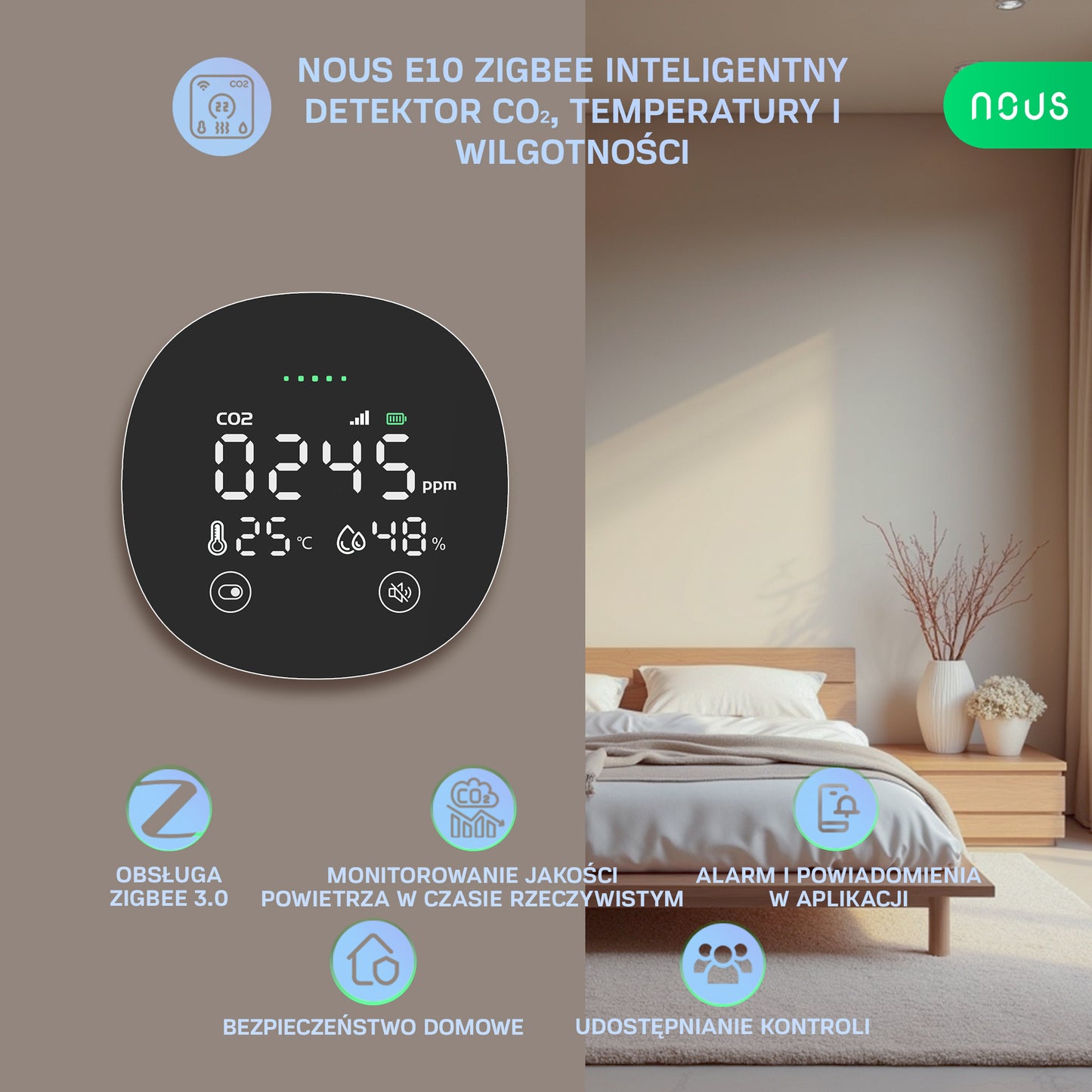 Inteligentny Czujnik CO₂, Temperatury i Wilgotności ZigBee NOUS E10