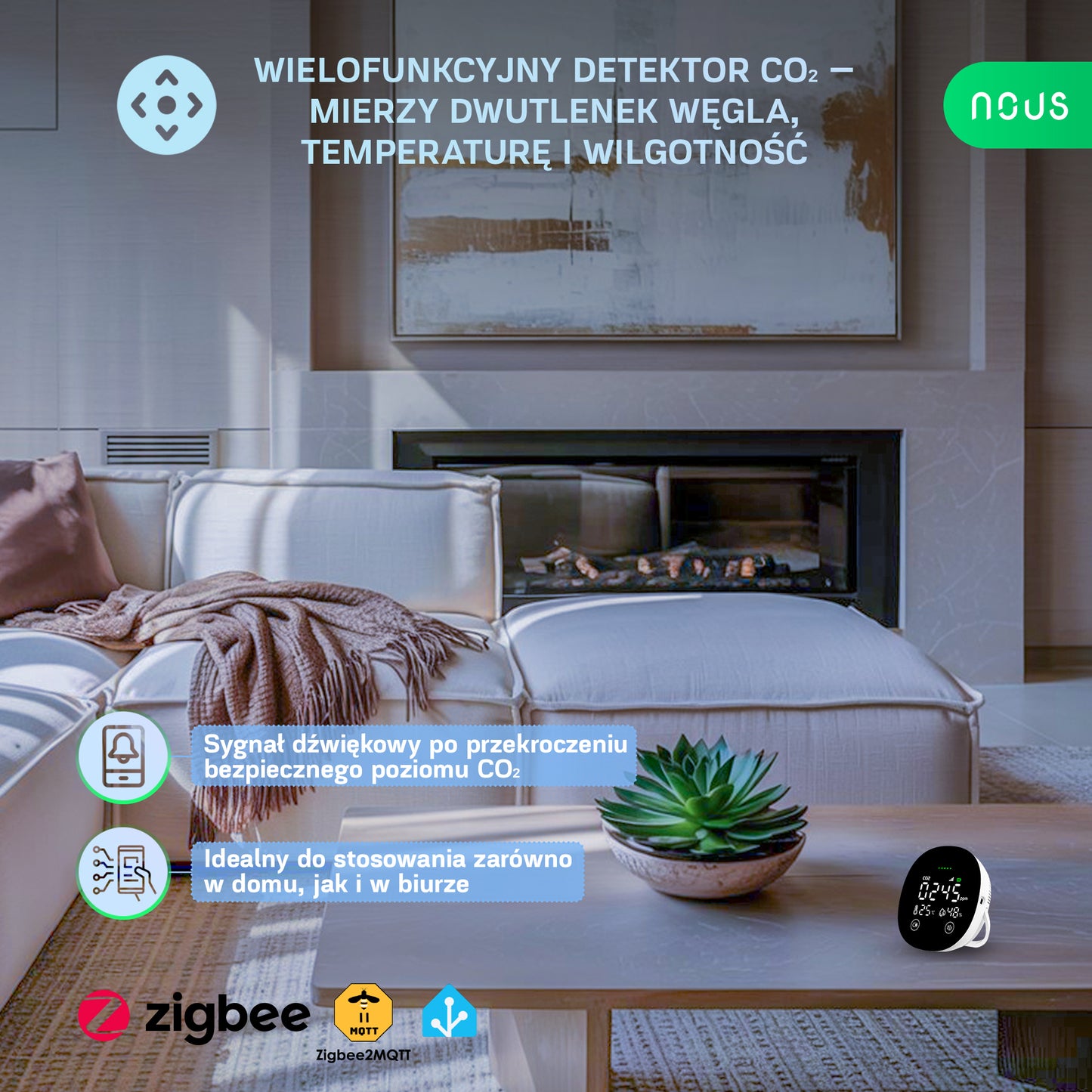 Inteligentny Czujnik CO₂, Temperatury i Wilgotności ZigBee NOUS E10