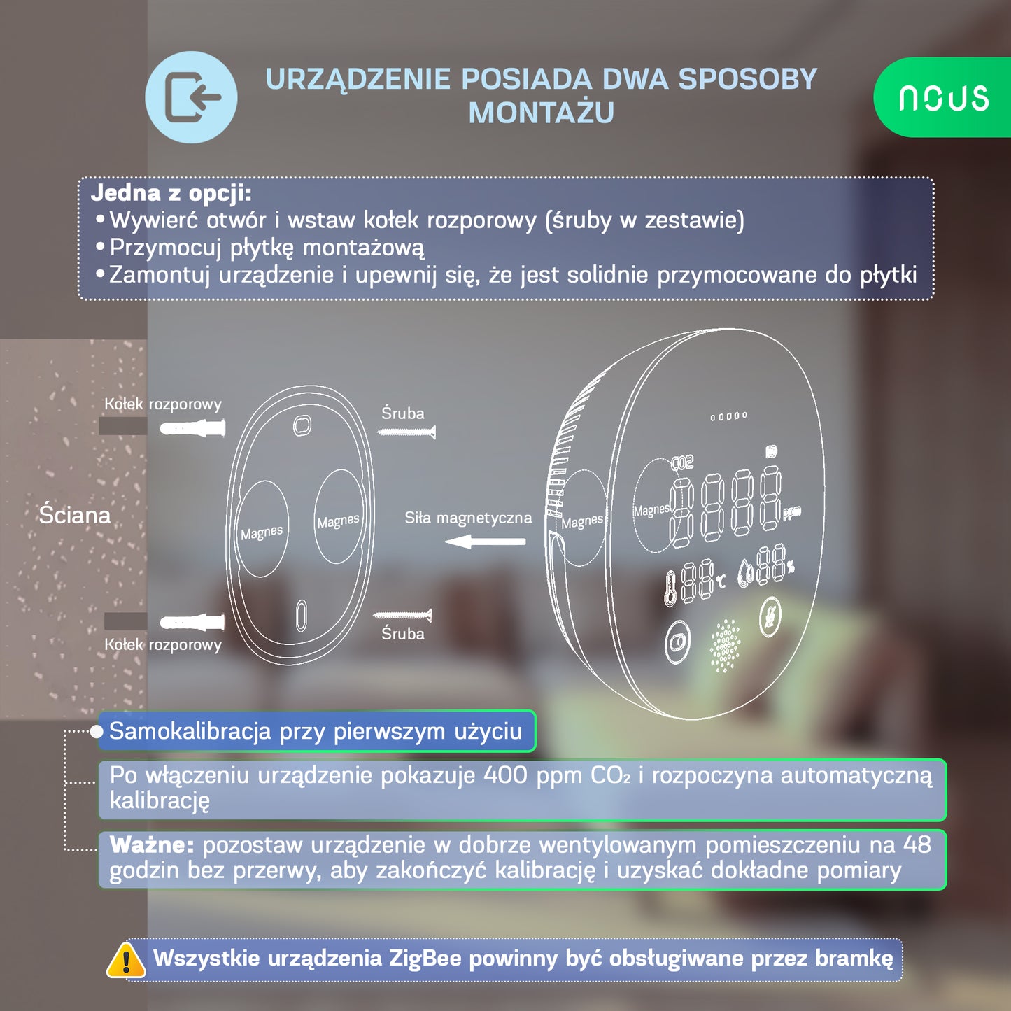 Inteligentny Czujnik CO₂, Temperatury i Wilgotności ZigBee NOUS E10