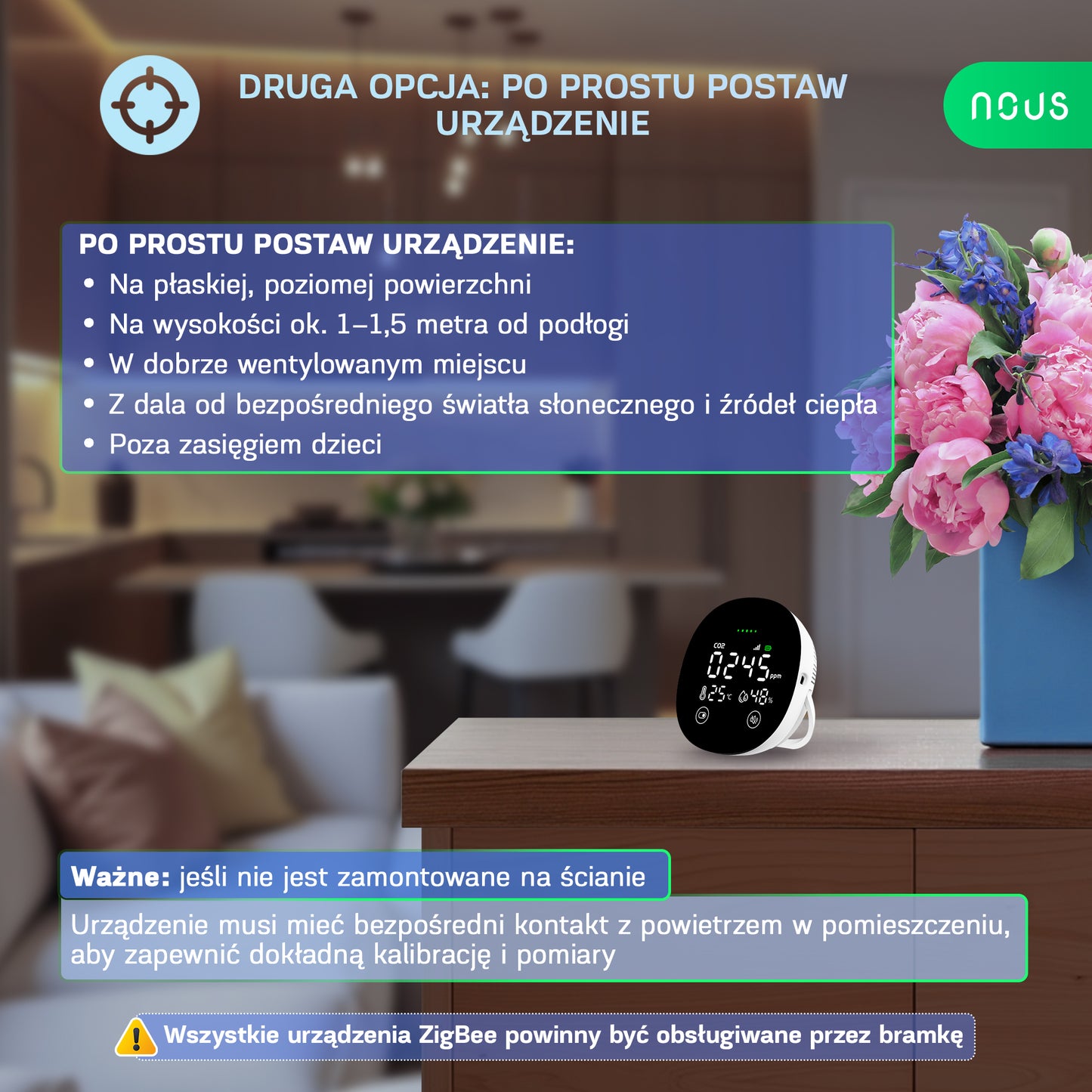 Inteligentny Czujnik CO₂, Temperatury i Wilgotności ZigBee NOUS E10