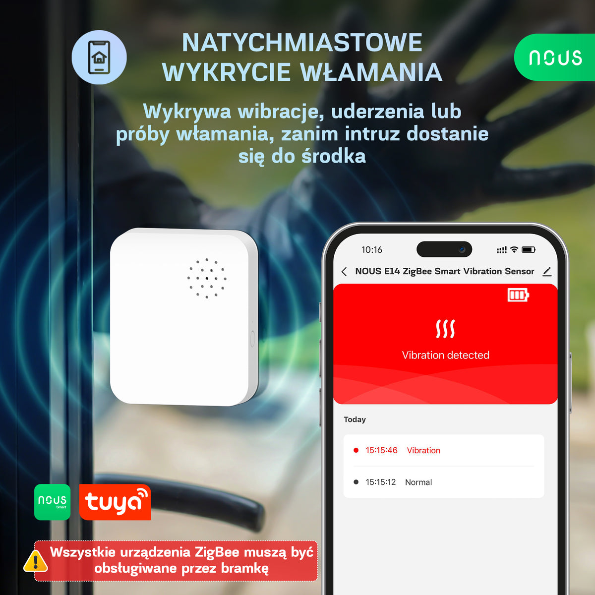 NOUS E14 ZigBee Smart Vibration Sensor (z alarmem)
