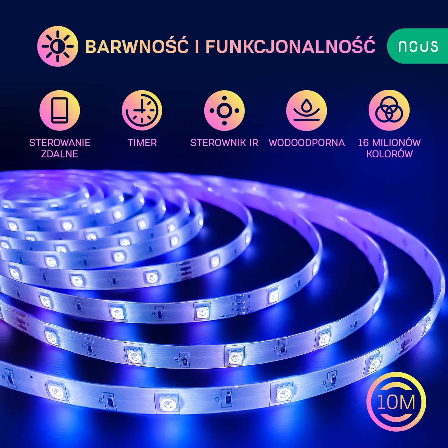 TAŚMA LED NOUS F2 WIFI SMD5050 10M RGB KOLOROWA+PILOT TUYA