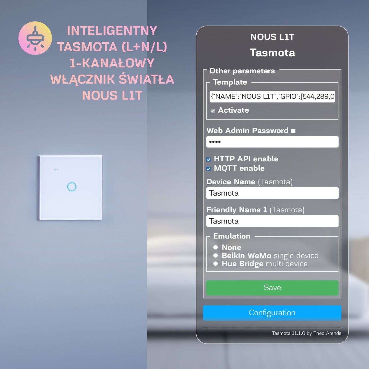 Inteligentny Tasmota (L+N/L) 1-kanałowy Włącznik światła Nous L1T