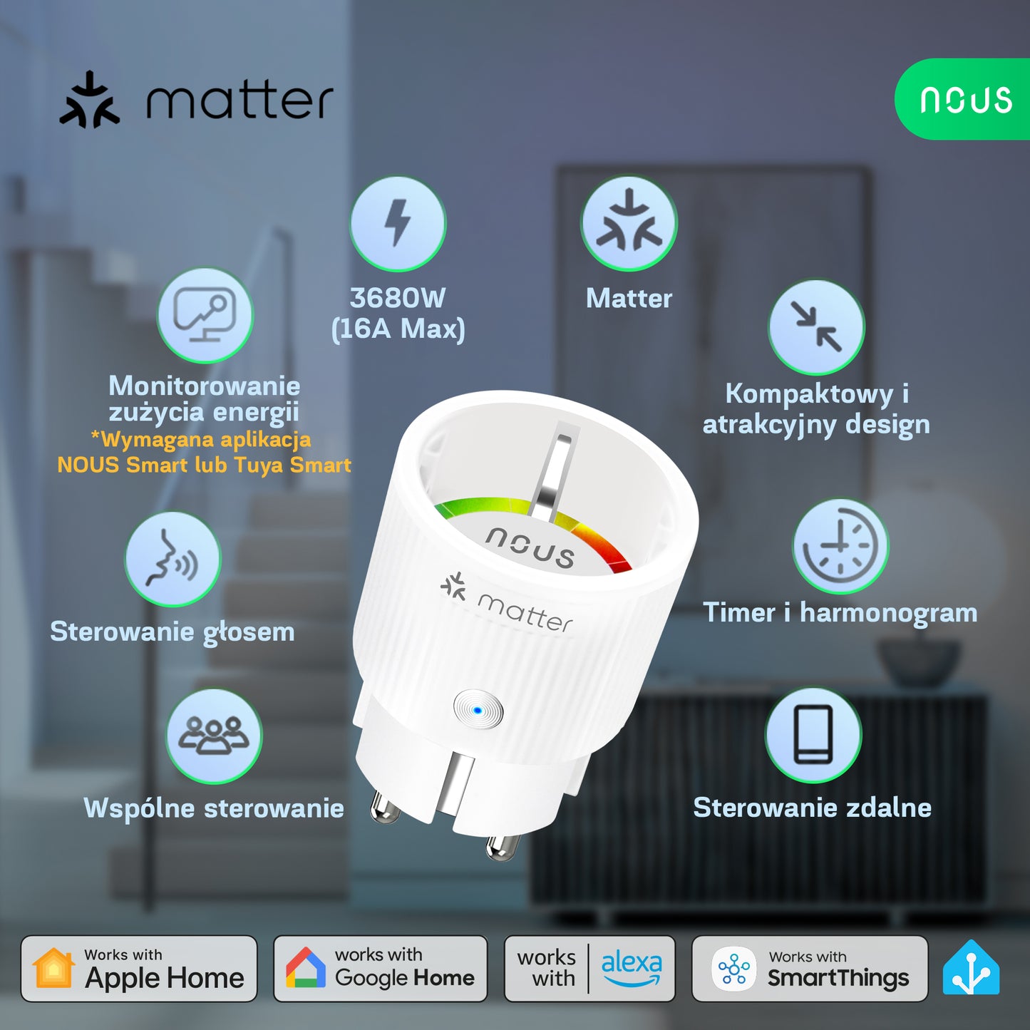 Inteligentne gniazdko wifi Matter smart NOUS A8M