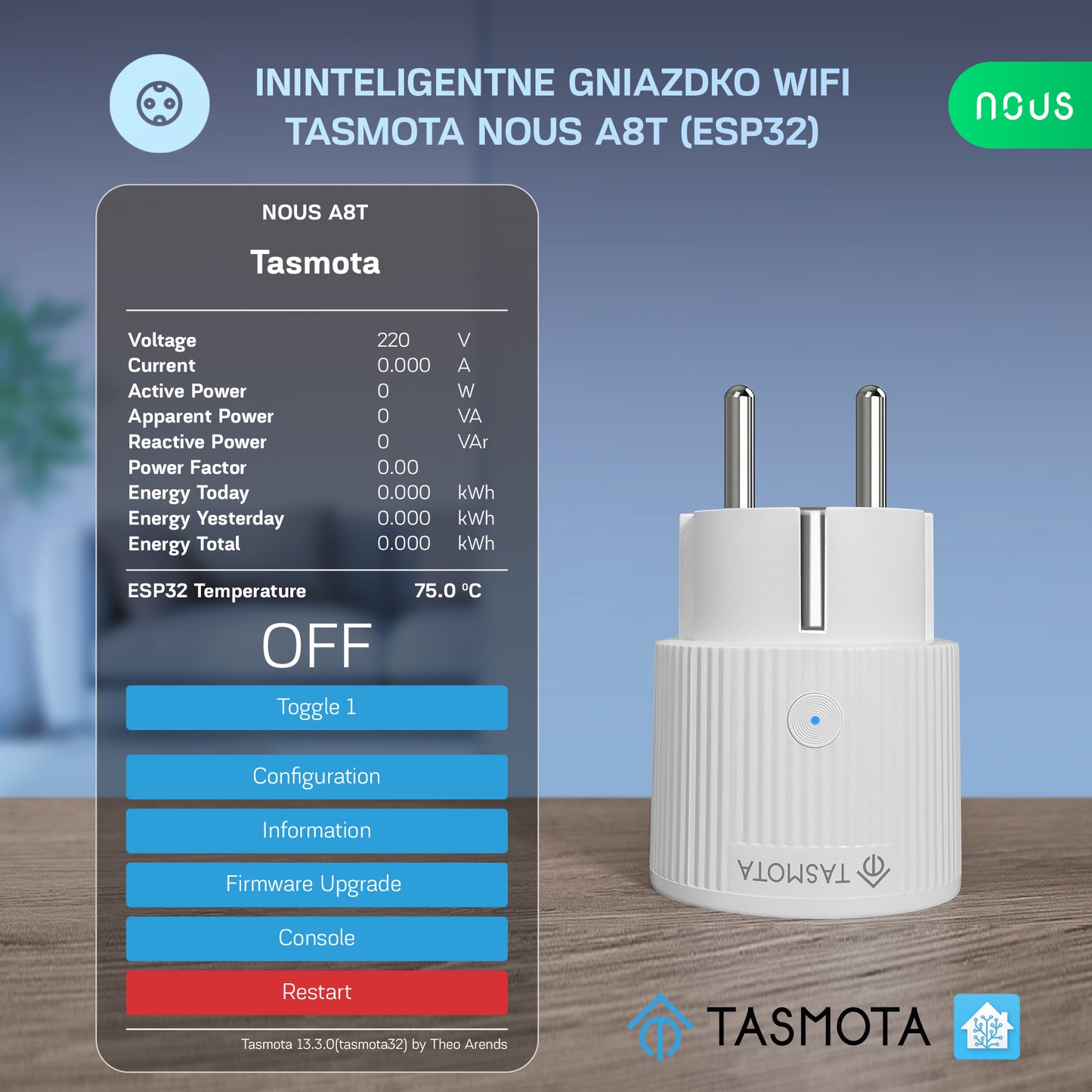 Inteligentne gniazdko wifi NOUS A8T Tasmota (ESP32)