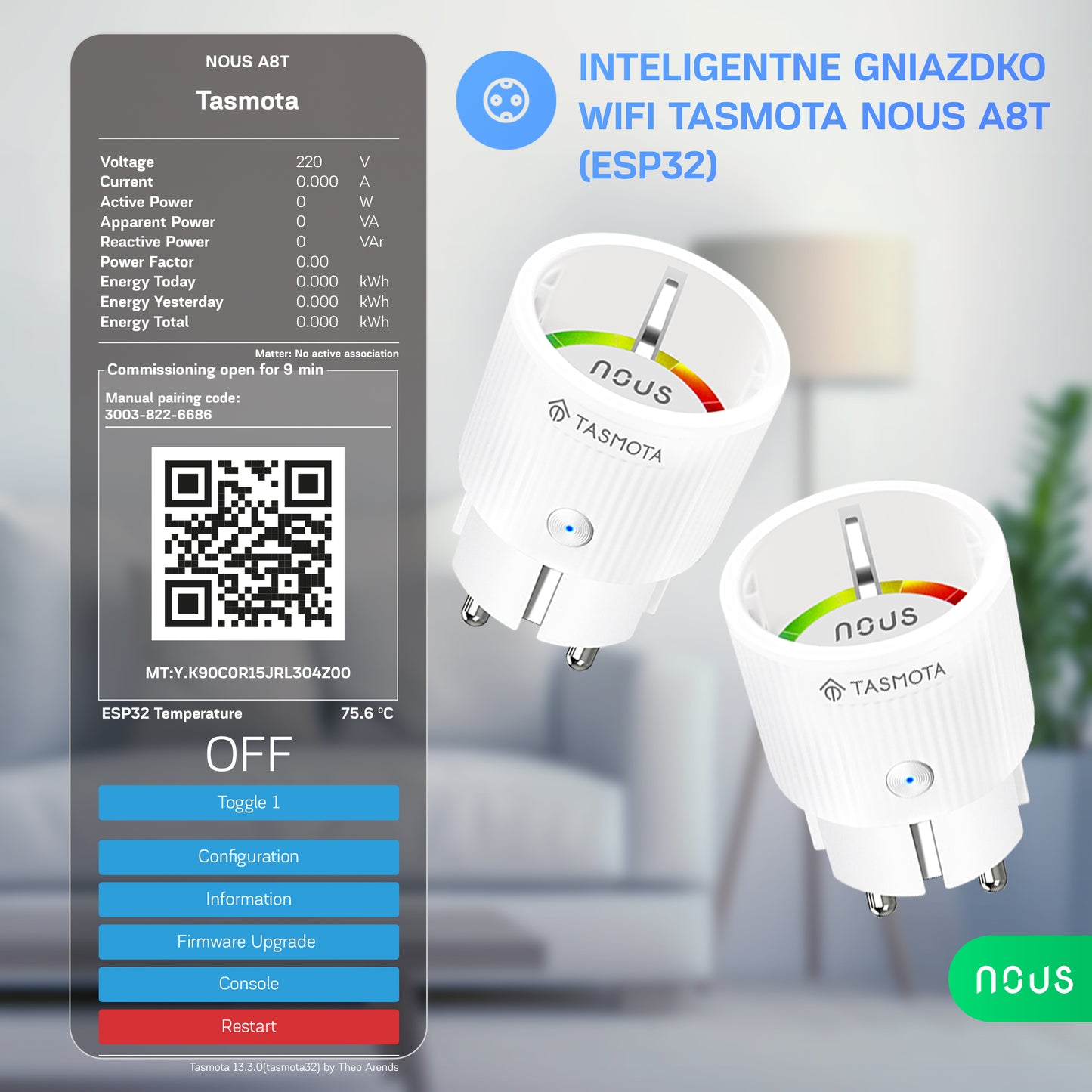 Inteligentne gniazdko wifi NOUS A8T Tasmota (ESP32)