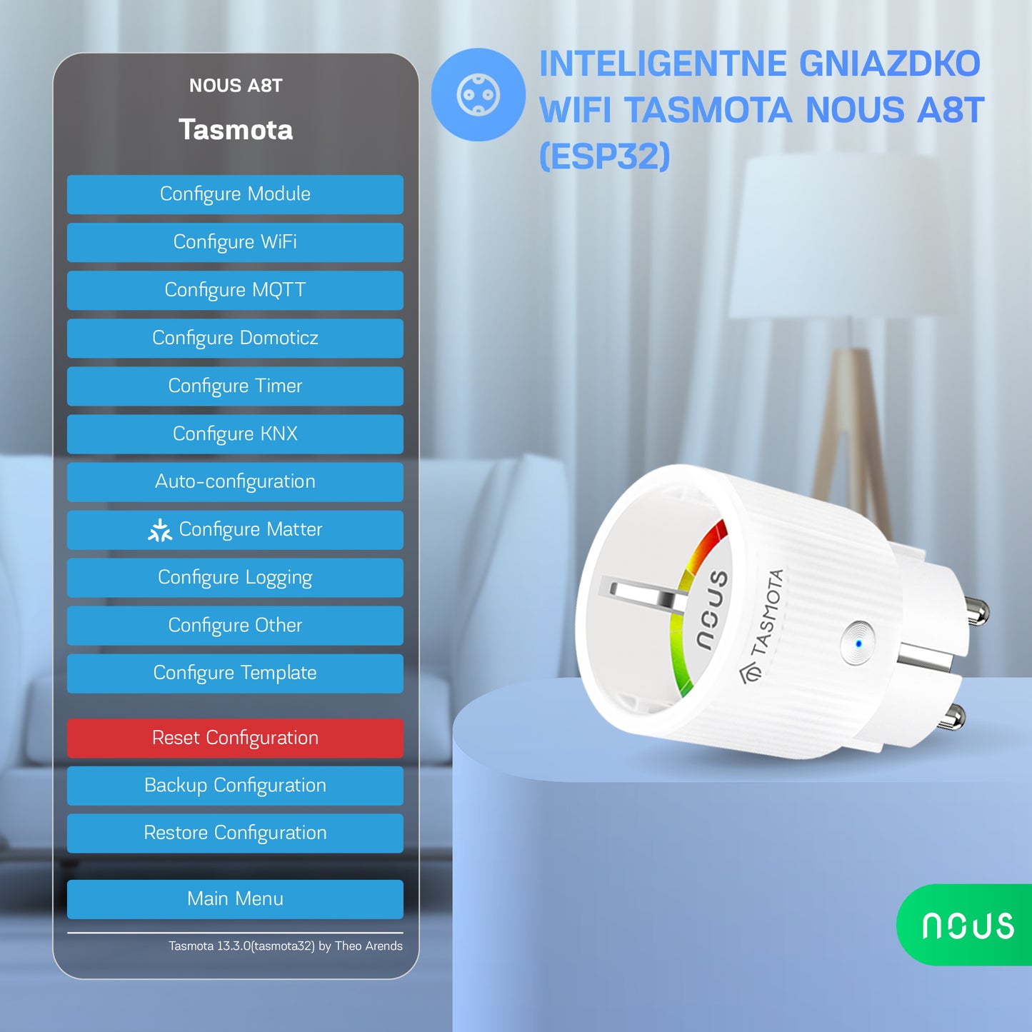 Inteligentne gniazdko wifi NOUS A8T Tasmota (ESP32)