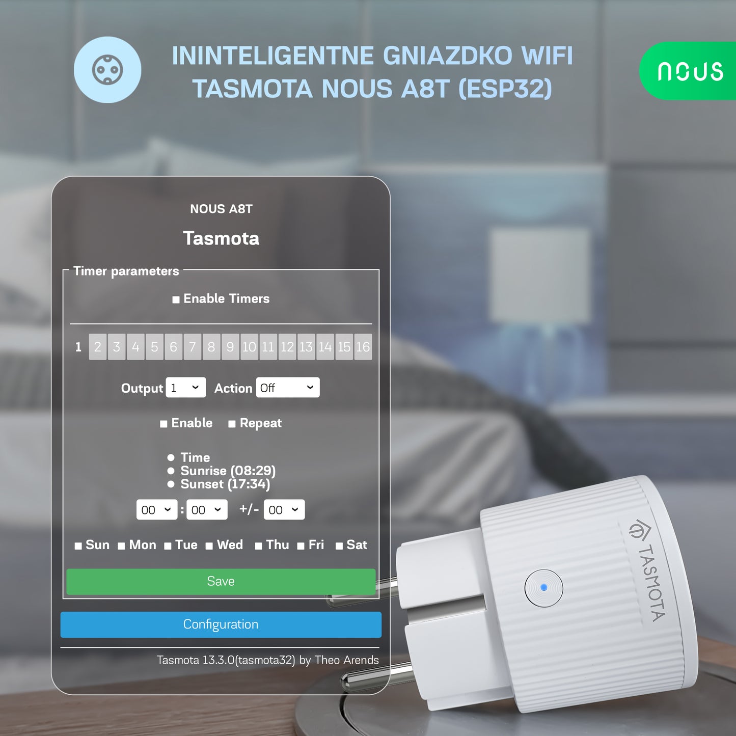 Inteligentne gniazdko wifi NOUS A8T Tasmota (ESP32)