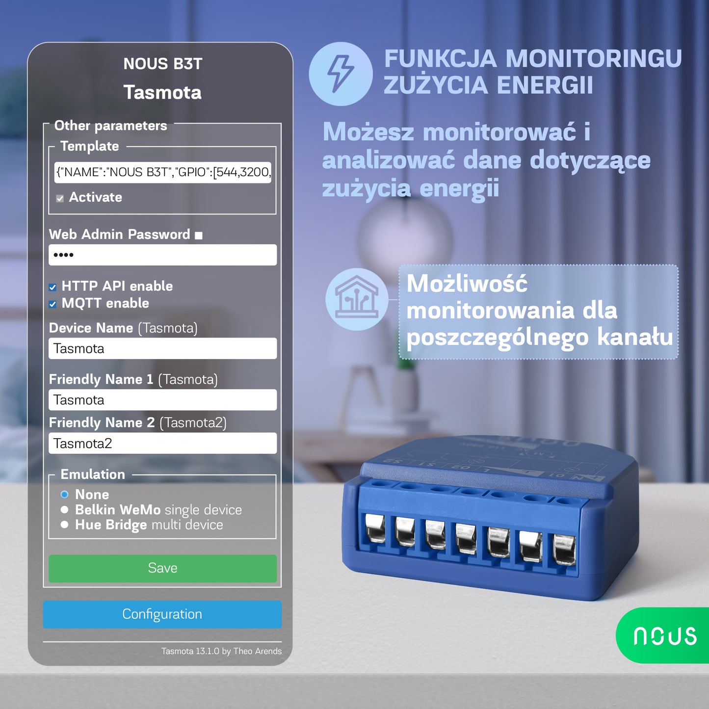 B3T NOUS 2-kan. kurtynowy włącznik/przekaźnik dopuszkowy z PM Tasmota