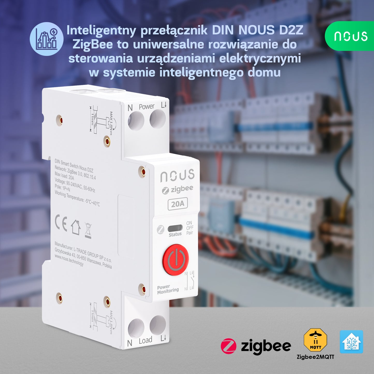 Nous D2Z - Zigbee Inteligentny przełącznik na Szynę DIN 20A