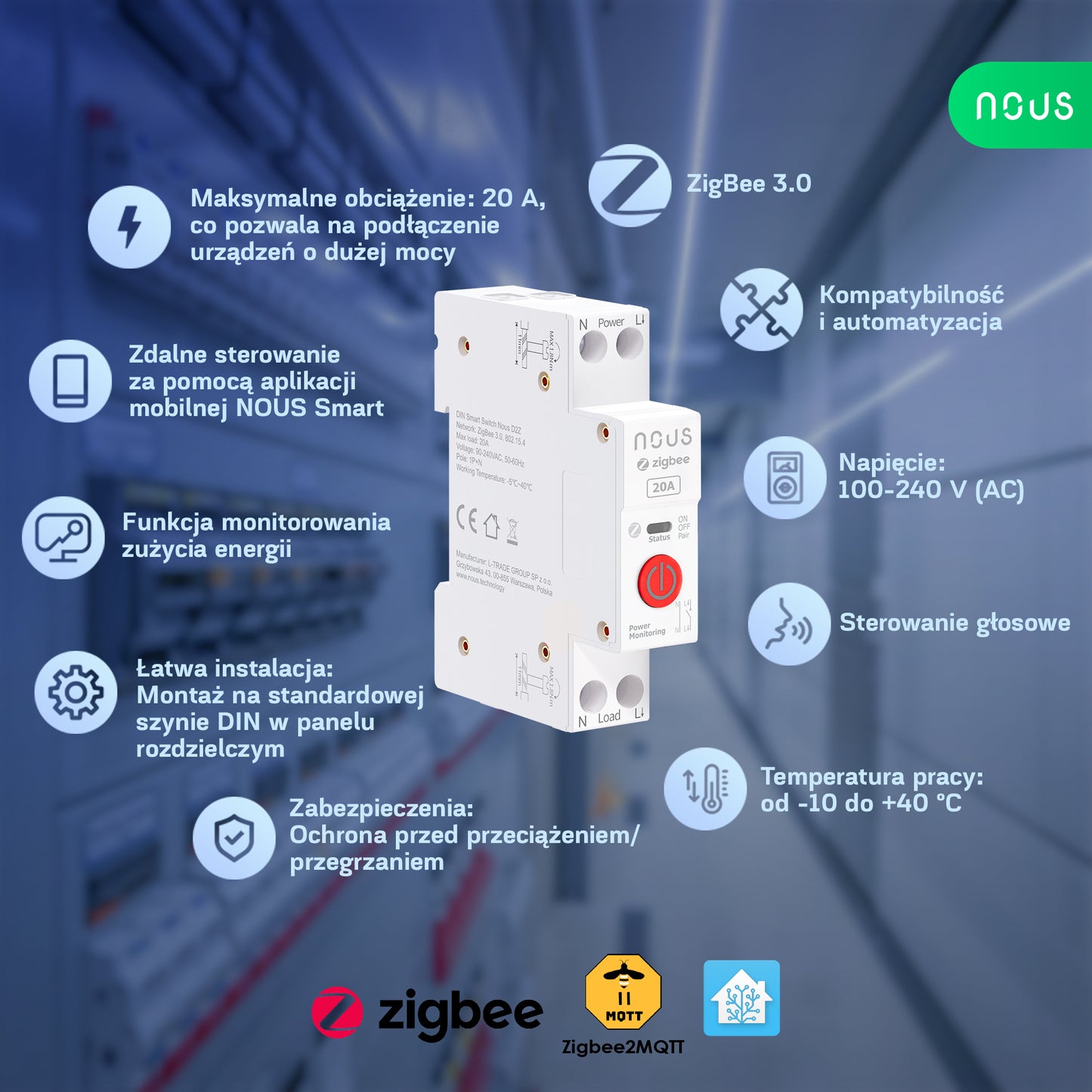 Nous D2Z - Zigbee Inteligentny przełącznik na Szynę DIN 20A