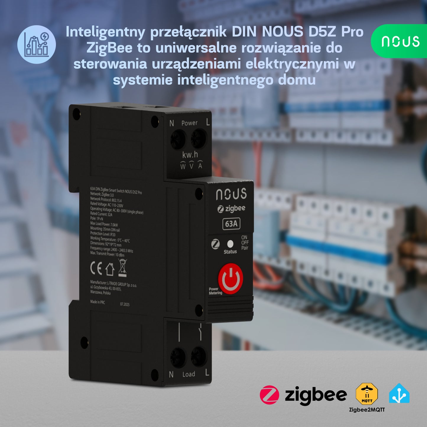Nous D5Z Pro - Zigbee Inteligentny przełącznik na Szynę DIN 63A