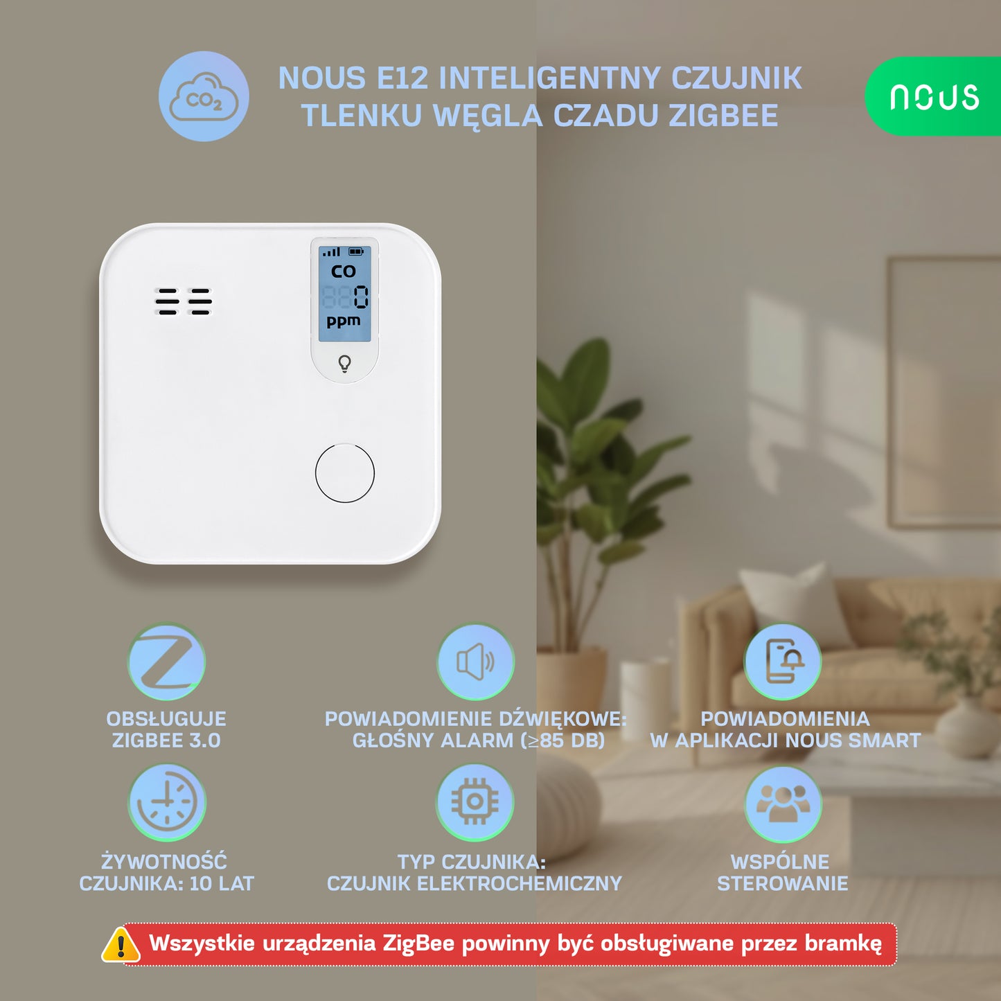 Inteligentny czujnik tlenku węgla czadu Zigbee NOUS E12