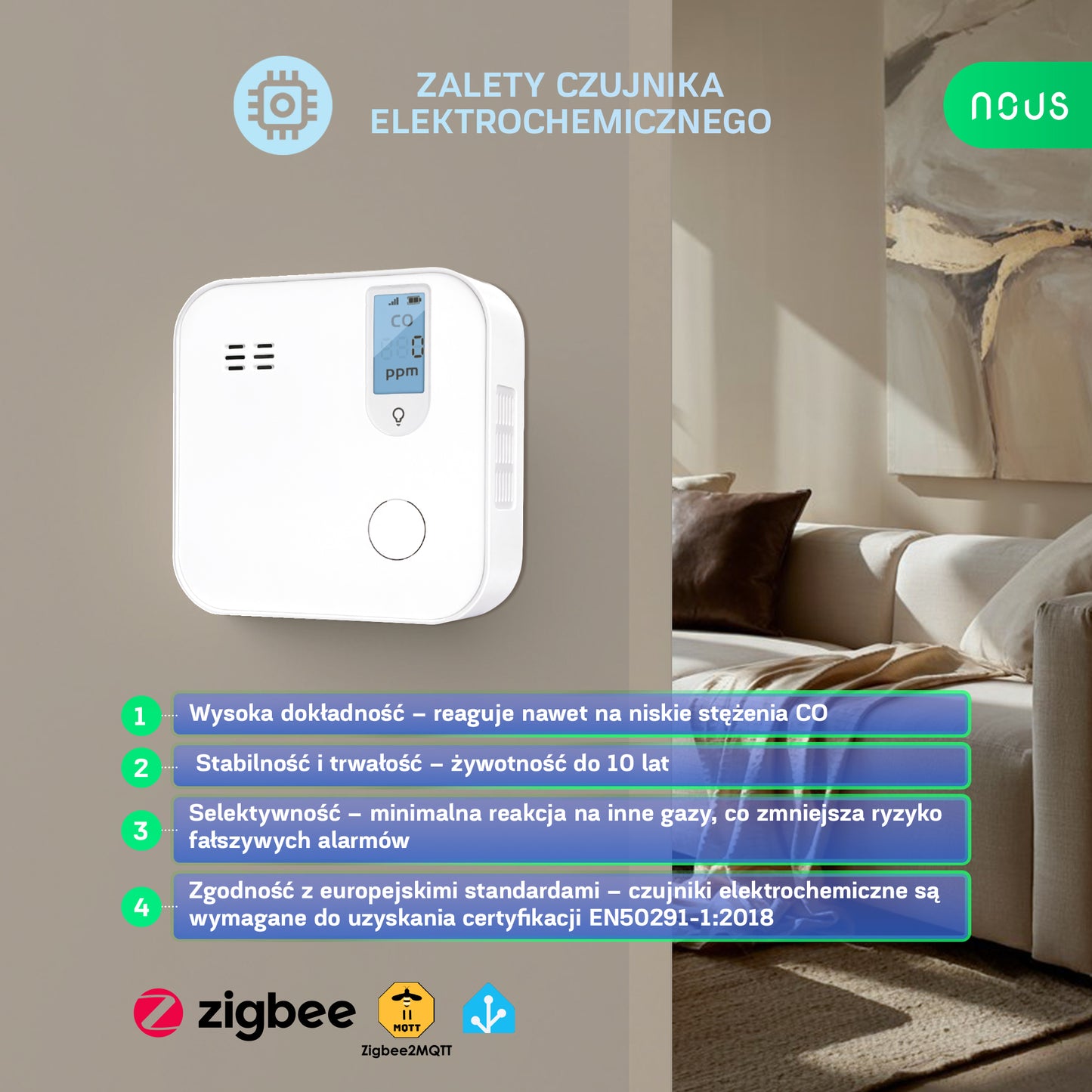 Inteligentny czujnik tlenku węgla czadu Zigbee NOUS E12