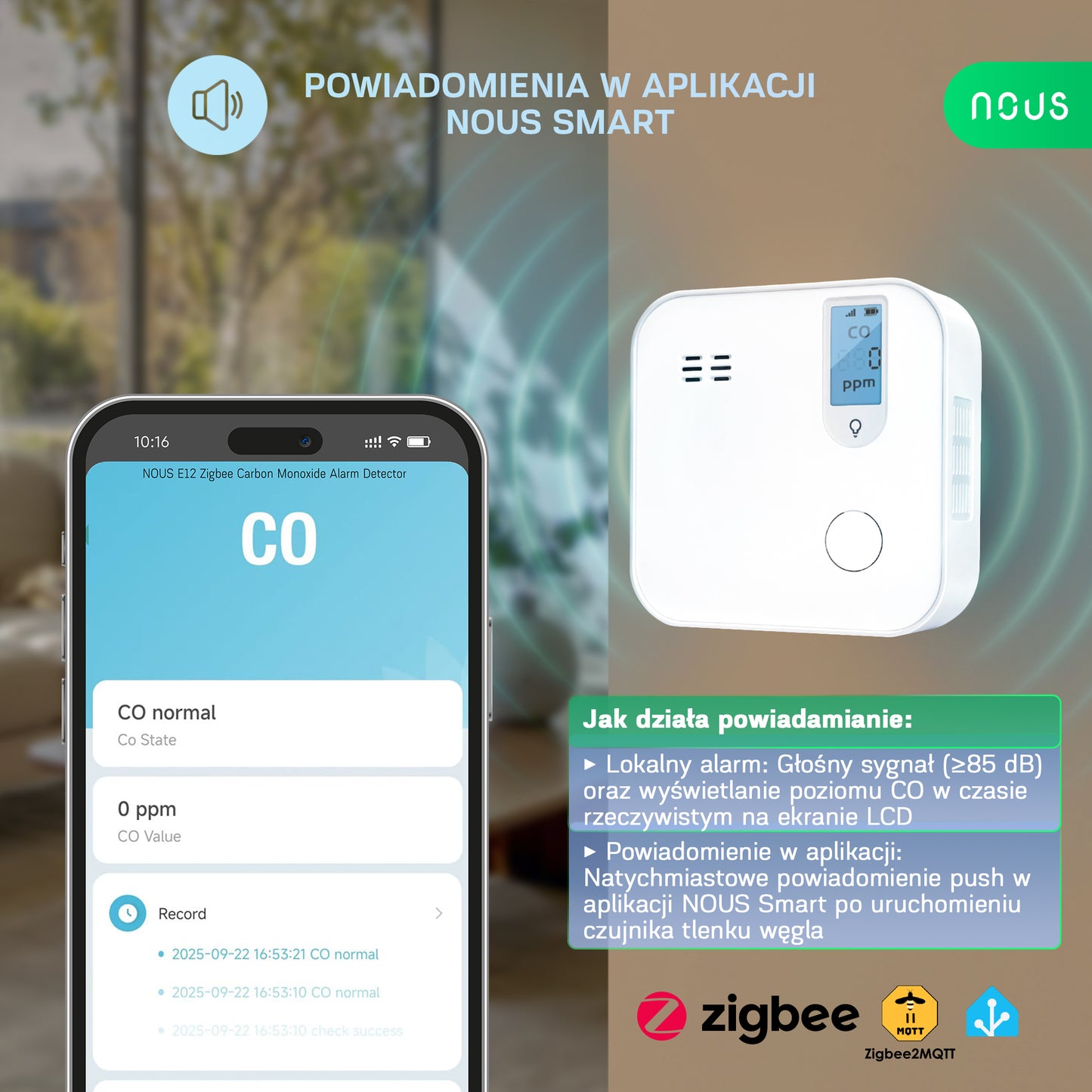 Inteligentny czujnik tlenku węgla czadu Zigbee NOUS E12