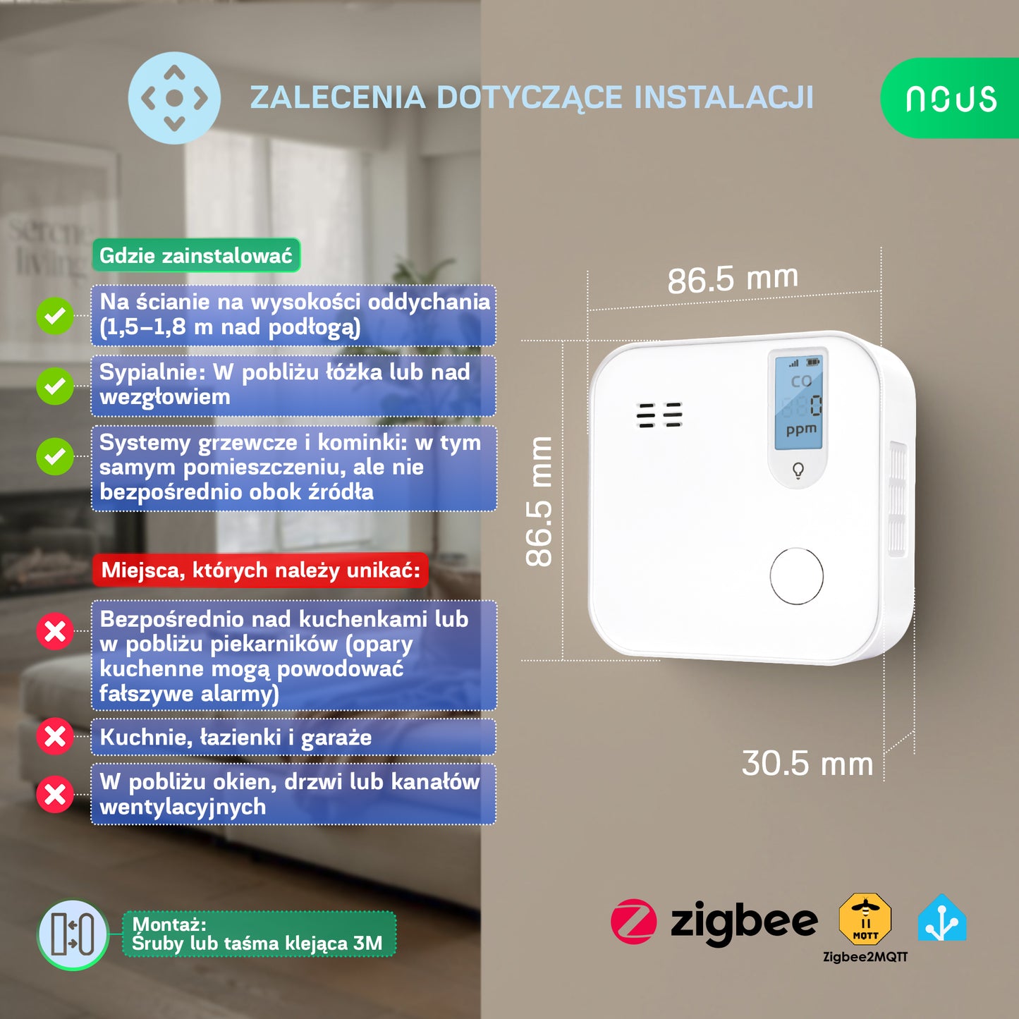 Inteligentny czujnik tlenku węgla czadu Zigbee NOUS E12