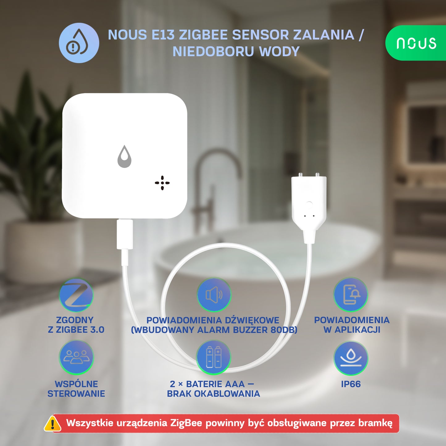 NOUS E13 ZigBee Sensor Zalania / Niedoboru Wody