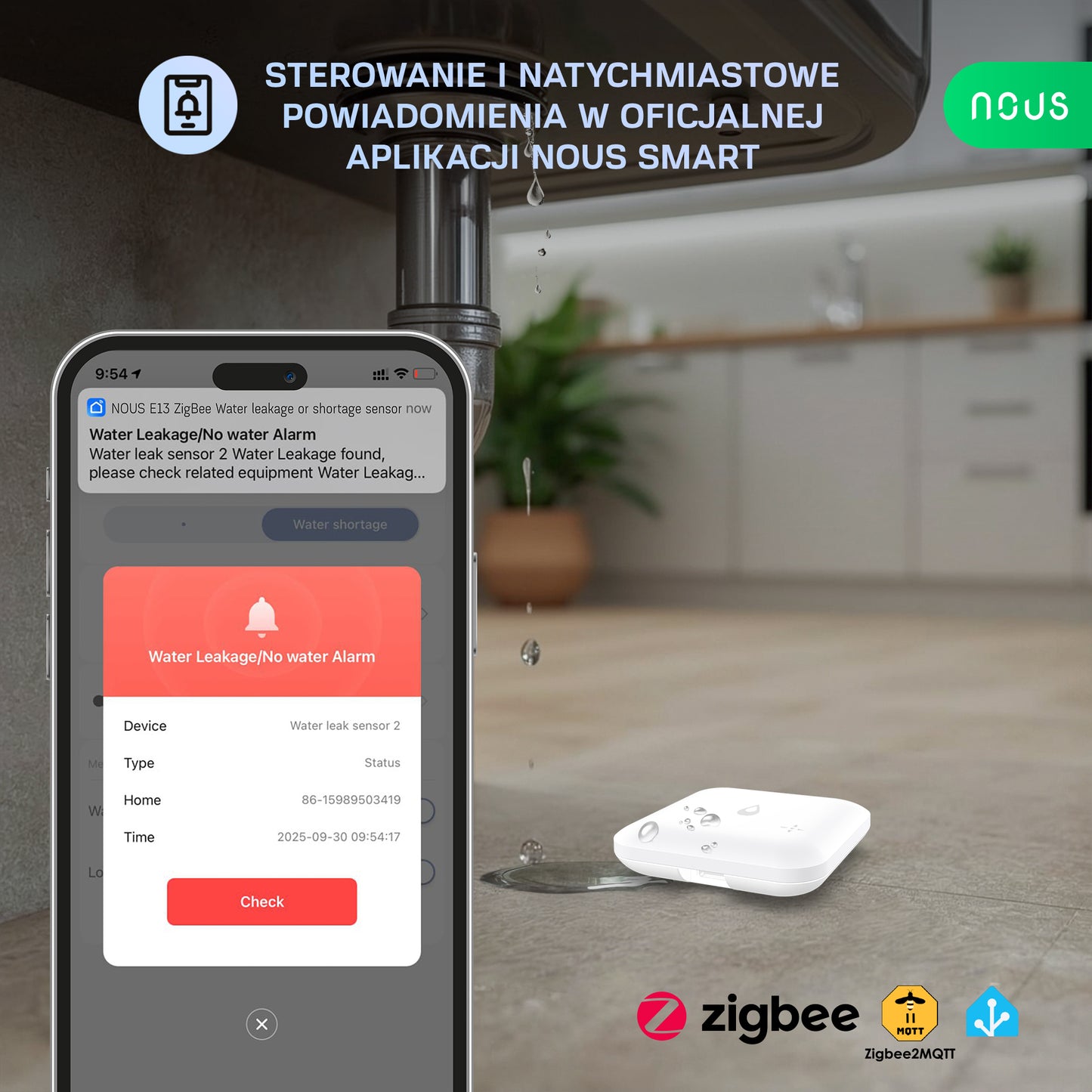 NOUS E13 ZigBee Sensor Zalania / Niedoboru Wody