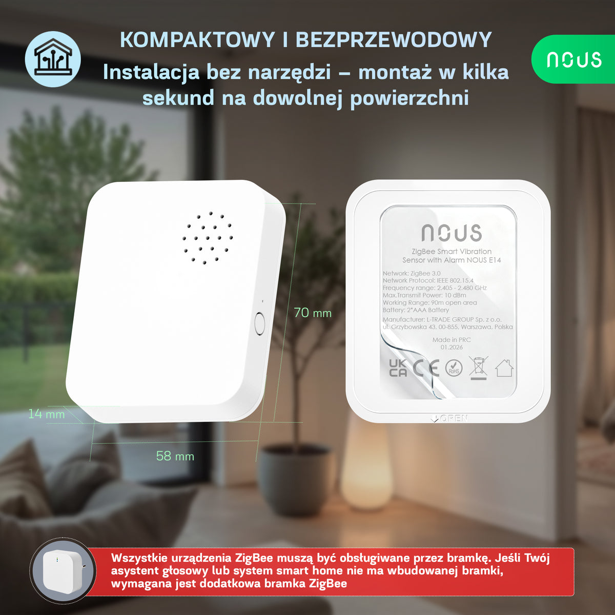 NOUS E14 ZigBee Smart Vibration Sensor (z alarmem)
