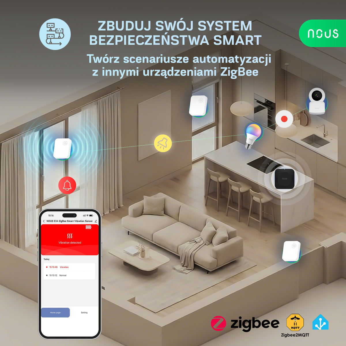 NOUS E14 ZigBee Smart Vibration Sensor (z alarmem)