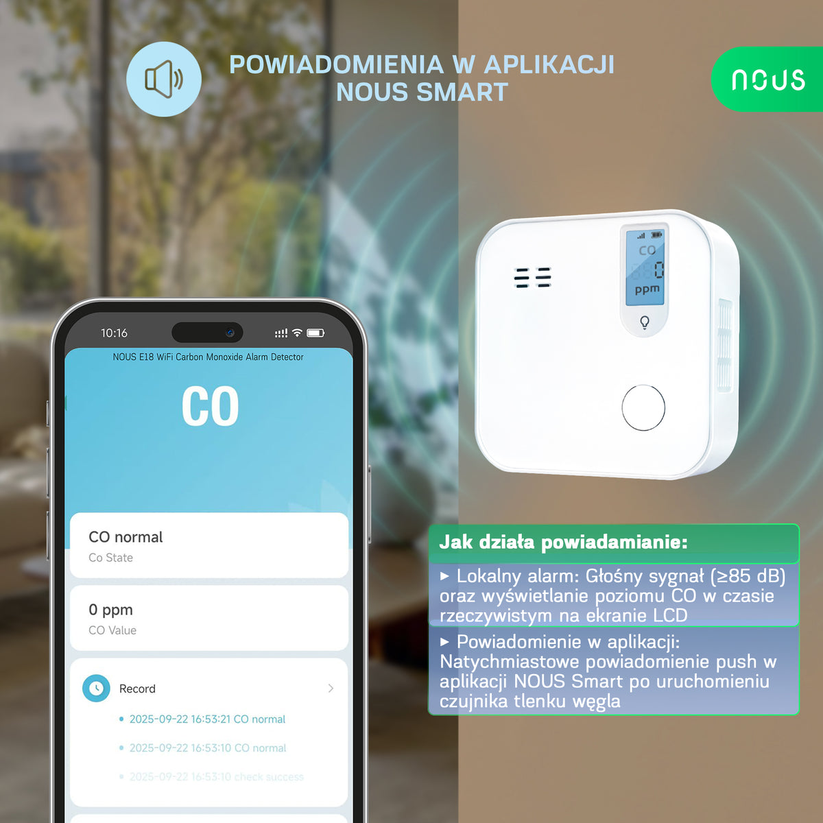 NOUS E18 WiFi  Inteligentny  czujnik tlenku węgla czadu