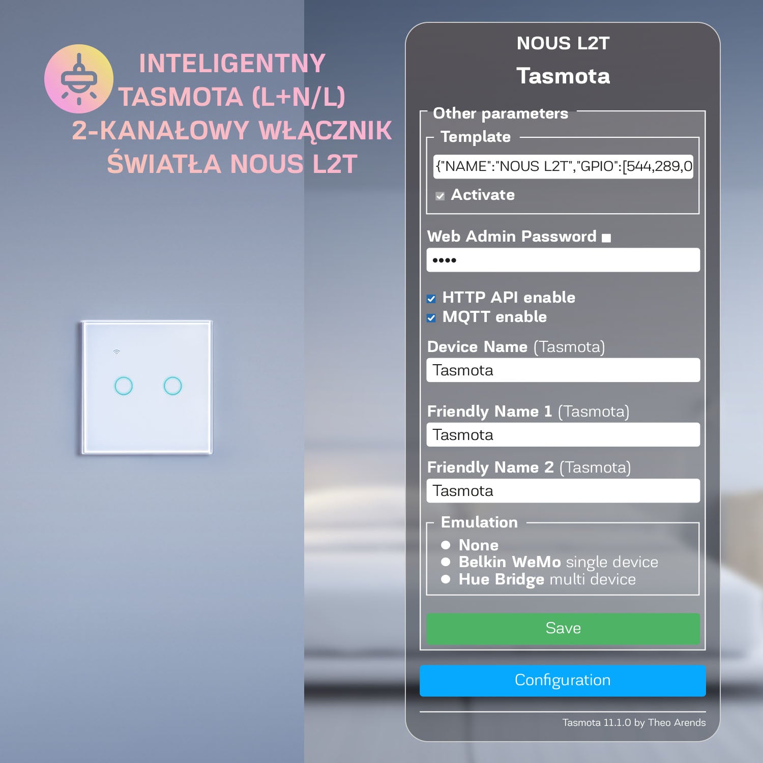 Inteligentny Tasmota (L+N/L) 2-kanałowy Włącznik światła Nous L2T