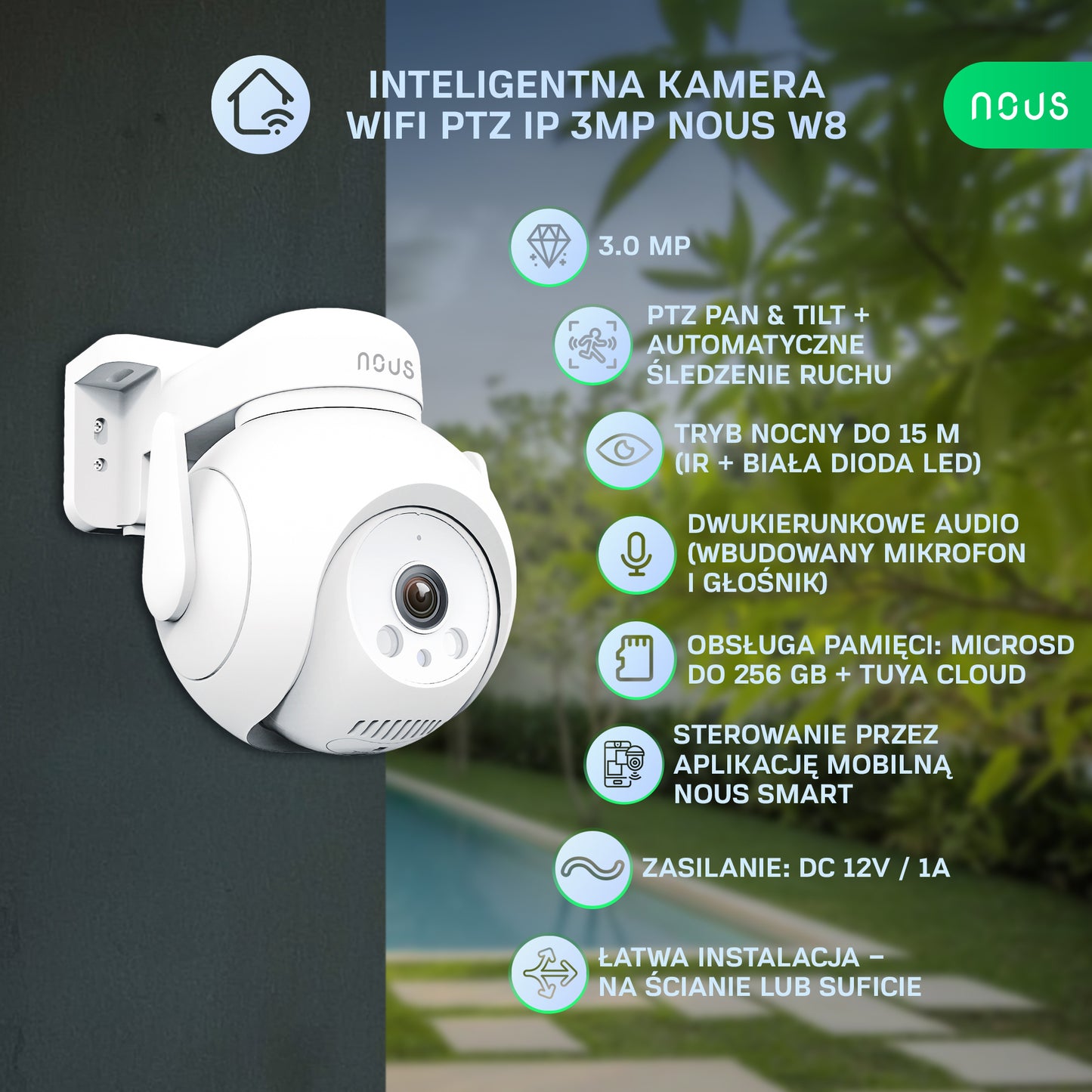 Inteligentna kamera WIFI PTZ IP 3MP NOUS W8